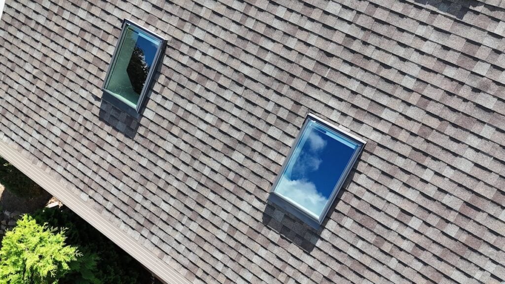 Two rectangular skylight windows on a sloped, shingled rooftop reflect the blue sky and clouds. Green foliage is visible at the lower left corner of the image.