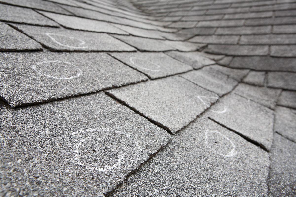 Asphalt roof shingles marked with white chalk circles to indicate damage requiring emergency roof repair.